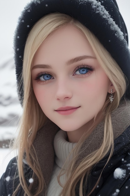 Ein Mädchen mit blauen Augen im Schnee