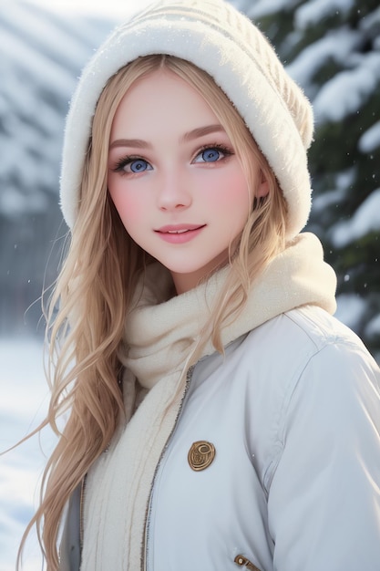 Ein Mädchen mit blauen Augen in einem weißen Mantel und Hut