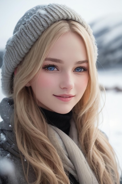 Ein Mädchen mit blauen Augen in einem Winterhut