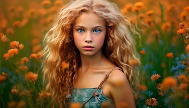 Ein Mädchen mit blauen Augen in einer Blumenwiese