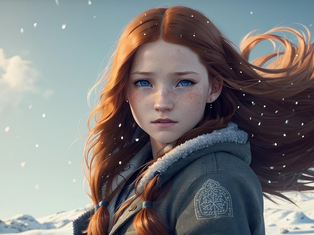 Ein Mädchen mit blauen Augen steht im Schnee und hat Schnee im Gesicht.