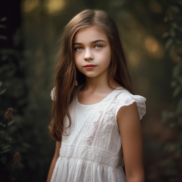 Ein Mädchen mit blauen Augen steht in einem Wald.