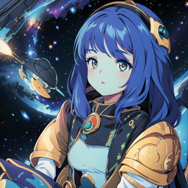 Ein Mädchen mit blauen Haaren und einem blauen Haar mit einer Rakete im Hintergrund.