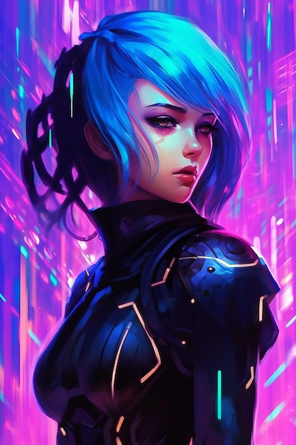 Ein Mädchen mit blauen Haaren und einem neonfarbenen Stadthintergrund