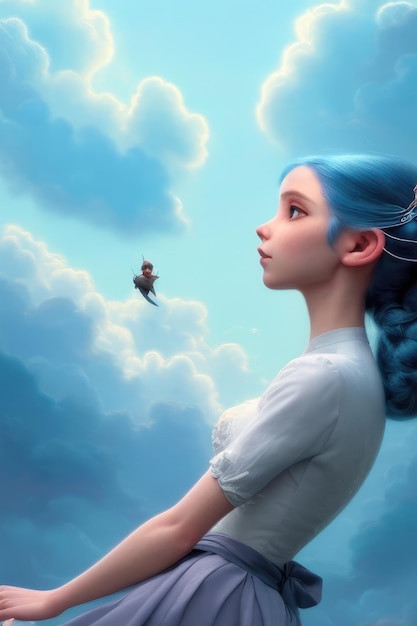 Ein Mädchen mit blauen Haaren und einem Vogel auf dem Kopf