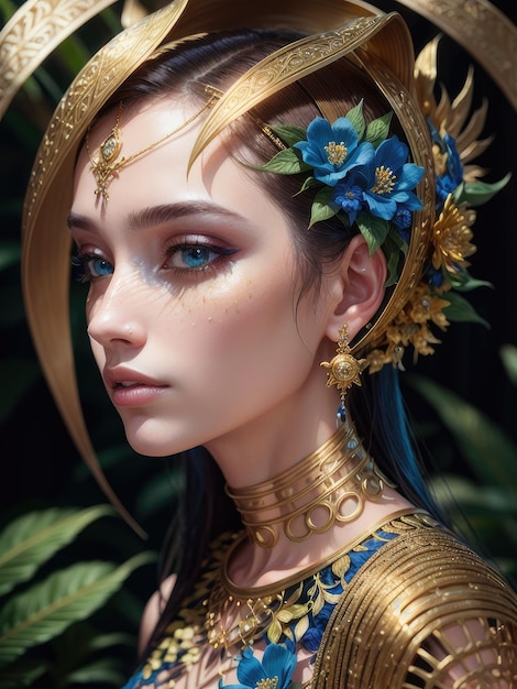 Ein Mädchen mit blauen Haaren und goldenen Haaren mit goldenen Blättern und Blumen.