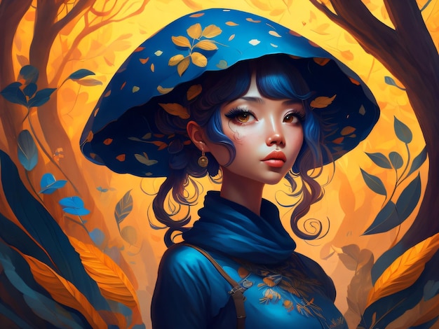 Ein Mädchen mit blauer Fantasiekleidung mit Waldhintergrund
