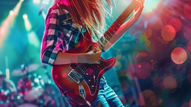 Foto ein mädchen mit blonden haaren spielt gitarre