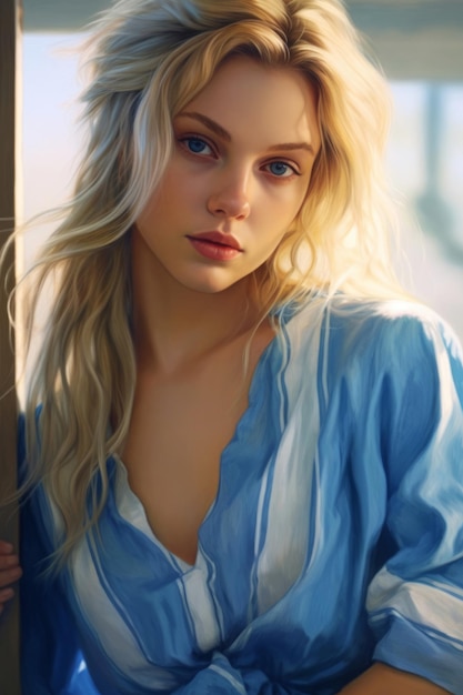 Ein Mädchen mit blonden Haaren und blauen Augen steht vor einem Fenster.