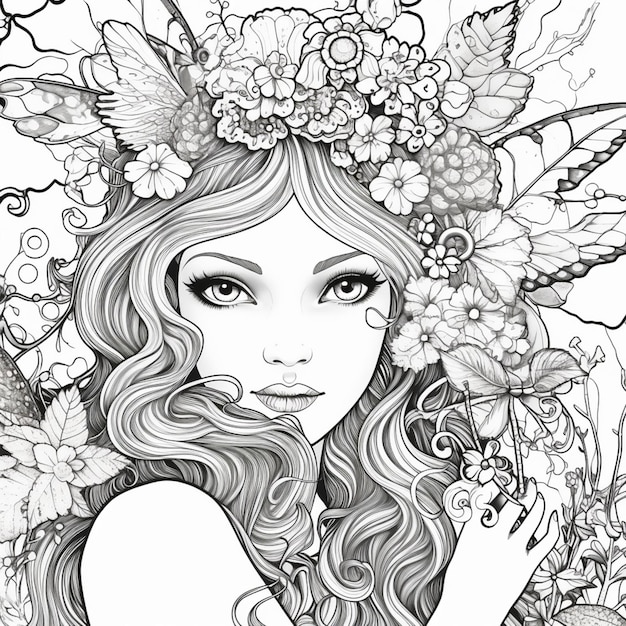 Ein Mädchen mit Blumen im Haar und einem Kranz von Blättern generativ ai