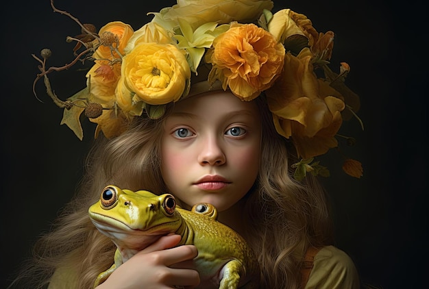 Ein Mädchen mit Blumenhut und einem Frosch im Stil von Lisa Holloway