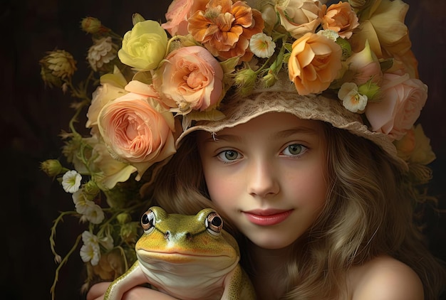 Ein Mädchen mit Blumenhut und einem Frosch im Stil von Lisa Holloway