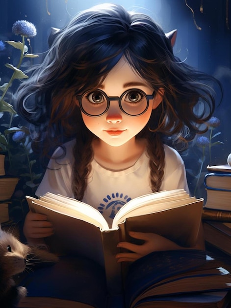 Ein Mädchen mit Brille liest ein Buch mit dem Titel „Der Titel“