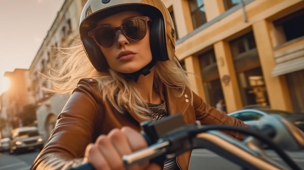 Ein Mädchen mit Brille und Helm saust auf einem rockigen Retro-Motorrad xA durch die Stadt