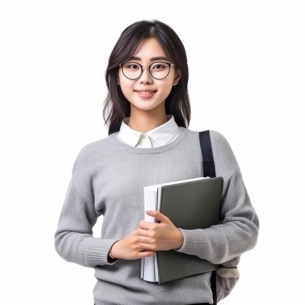 ein Mädchen mit Brille und Pullover und einem Buch in der Hand.