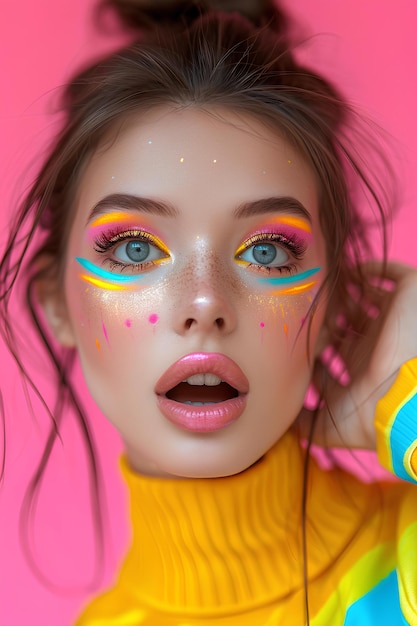 Ein Mädchen mit buntem Make-up vor einem rosa Hintergrund