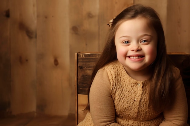 Foto ein mädchen mit down-syndrom mit einem schönen lächeln vor der kamera posiert