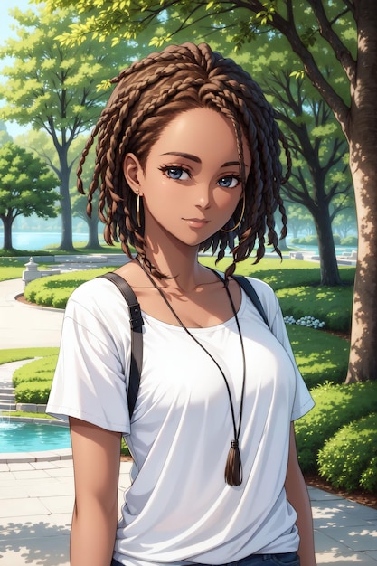 Ein Mädchen mit Dreadlocks in einem Park