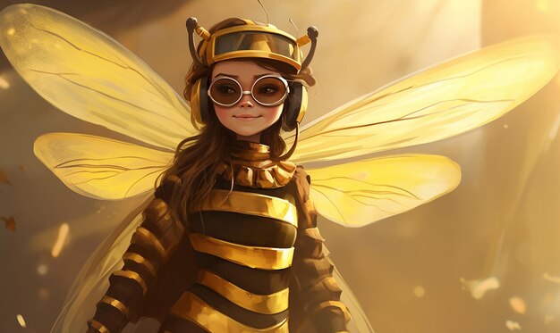 ein Mädchen mit einem Bienenkostüm und Brille
