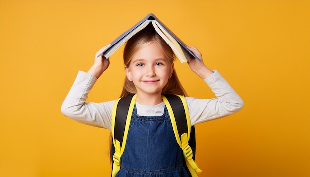 ein Mädchen mit einem Buch auf dem Kopf hält ein Buch über dem Kopf Zurück zur Schule