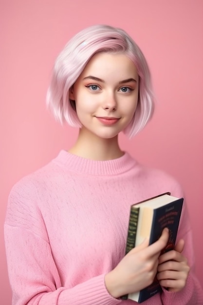 Ein Mädchen mit einem Buch in der Hand hält ein Buch.