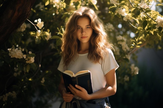 Ein Mädchen mit einem Buch in der Hand steht unter einem Baum.