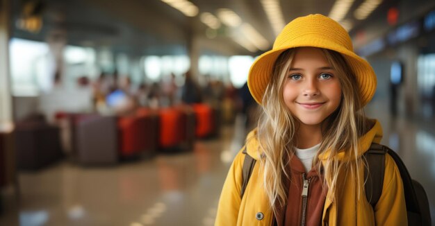Ein Mädchen mit einem gelben Strohhut auf dem Flughafen wartet, um für ein Wochenende in einen Flugkopierraum einzusteigen