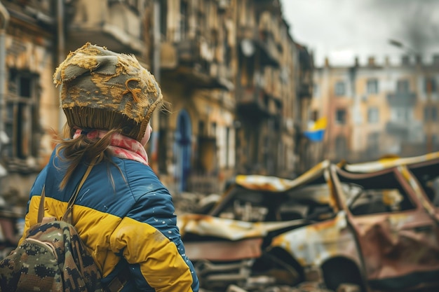 Ein Mädchen mit einem Hut und einer gelben Jacke steht vor einem zerstörten Gebäude