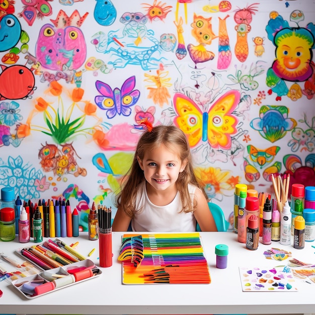 Ein Mädchen mit einem Malstisch und vielen Farbstift und Zeichnungen