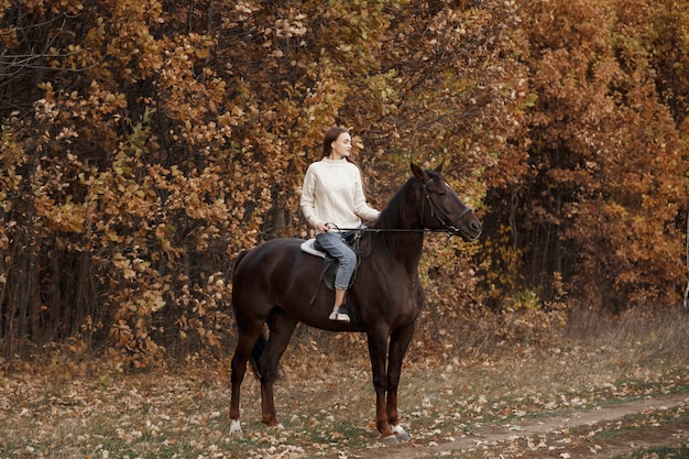 Ein Mädchen mit einem Pferd in der Natur, ein Herbstspaziergang mit einem Tier