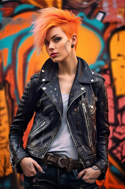 Ein Mädchen mit einem punk-inspirierten Look in einer Lederjacke
