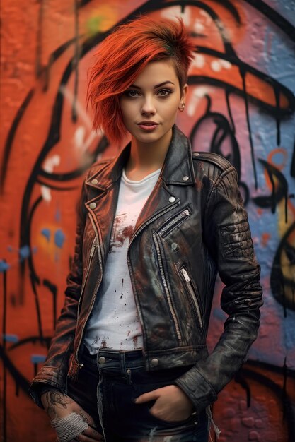 Ein Mädchen mit einem punk-inspirierten Look in einer Lederjacke