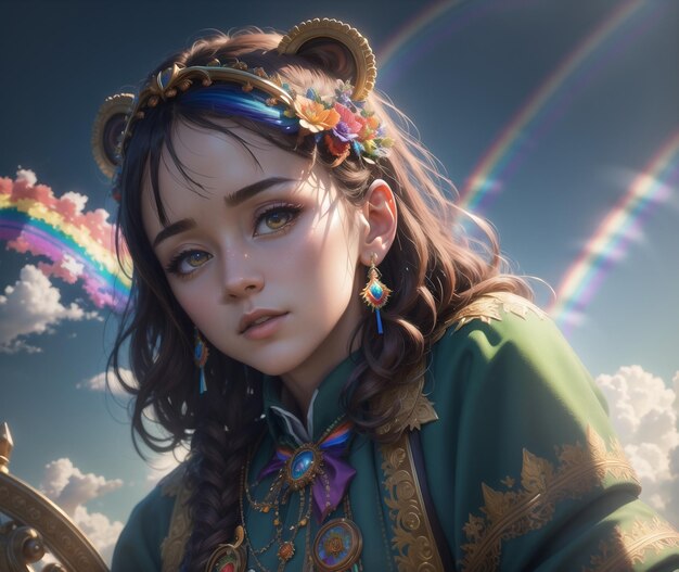 Ein Mädchen mit einem Regenbogen auf dem Kopf