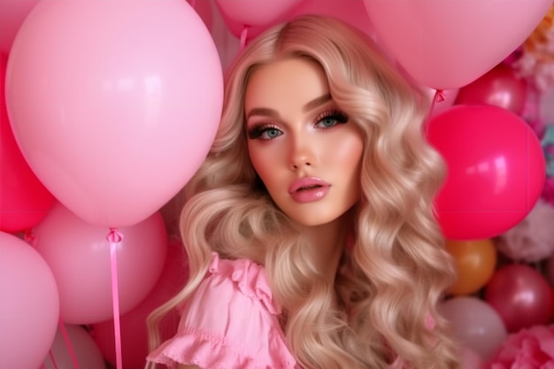 Ein Mädchen mit einem rosa Kleid und rosa Luftballons