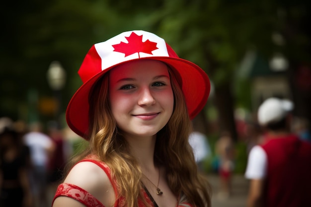 Ein Mädchen mit einem rot-weißen Hut der kanadischen Flagge