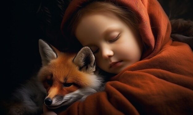 ein Mädchen mit einem roten Fuchs und einer roten Decke