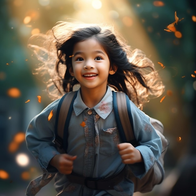 Ein Mädchen mit einem Rucksack, auf dem "glücklich" steht.