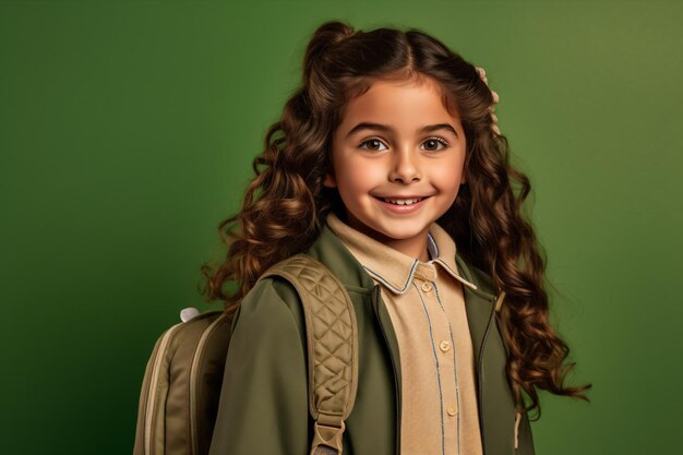 Ein Mädchen mit einem Rucksack, auf dem steht: "Sie lächelt".