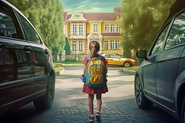 Ein Mädchen mit einem Rucksack, das zwischen Autos vor einem Schulgebäude steht