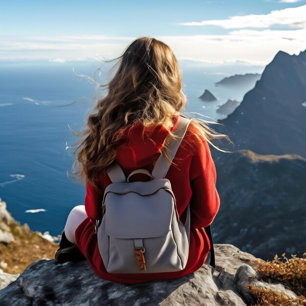 Foto ein mädchen mit einem rucksack genießt allein den meerblick