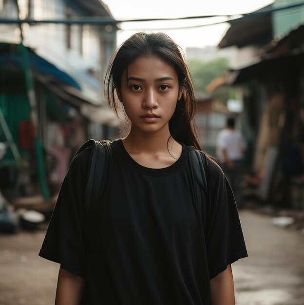 ein Mädchen mit einem schwarzen T-Shirt mit der Aufschrift „Sie steht vor einem Gebäude“