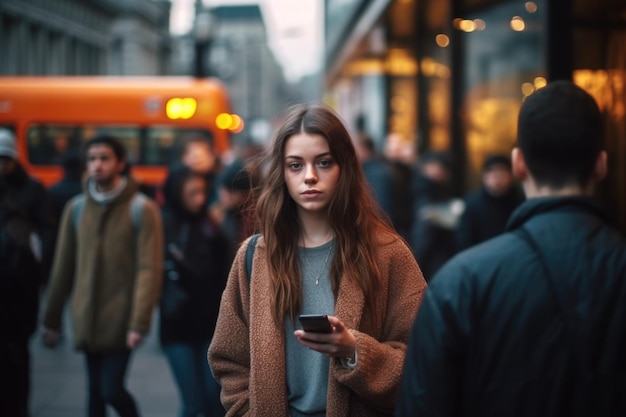 Ein Mädchen mit einem Smartphone steht inmitten einer großen Menschenmenge