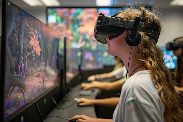 Foto ein mädchen mit einem virtual-reality-headset schaut auf einen monitor