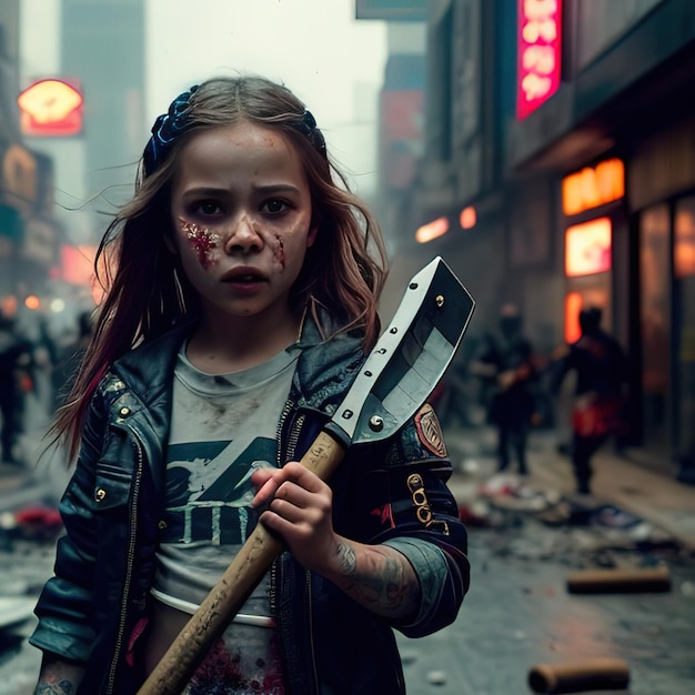 Ein Mädchen mit einem Zombiekostüm, das eine große Axt in einer Stadtstraße hält.