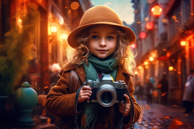 Ein Mädchen mit einer Kamera in einer Stadt