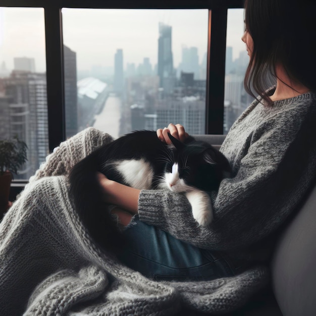 Ein Mädchen mit einer Katze im Arm sitzt und schaut aus dem Fenster