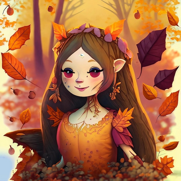 Ein Mädchen mit einer Krone auf dem Kopf ist von Herbstblättern umgeben.