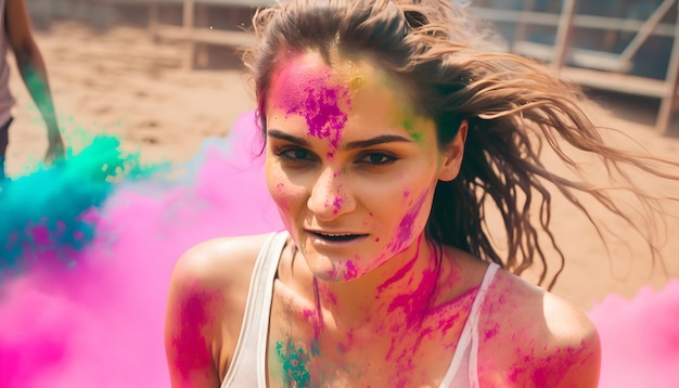 Ein Mädchen mit einer rosafarbenen Holi-Farbe im Gesicht