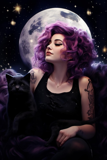 ein Mädchen mit einer schwarzen Katze und dem Mond im Hintergrund