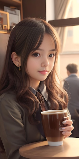 ein Mädchen mit einer Tasse Kaffee in der Hand, KI-generiert